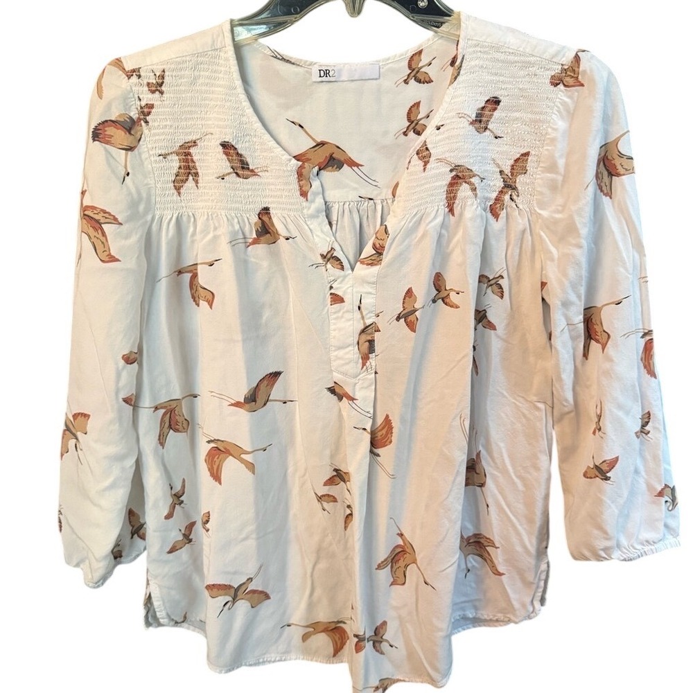 DR2 Womens White Crane Bird Print Smocked Split Neck 3/4 Sleeve Blouse Top